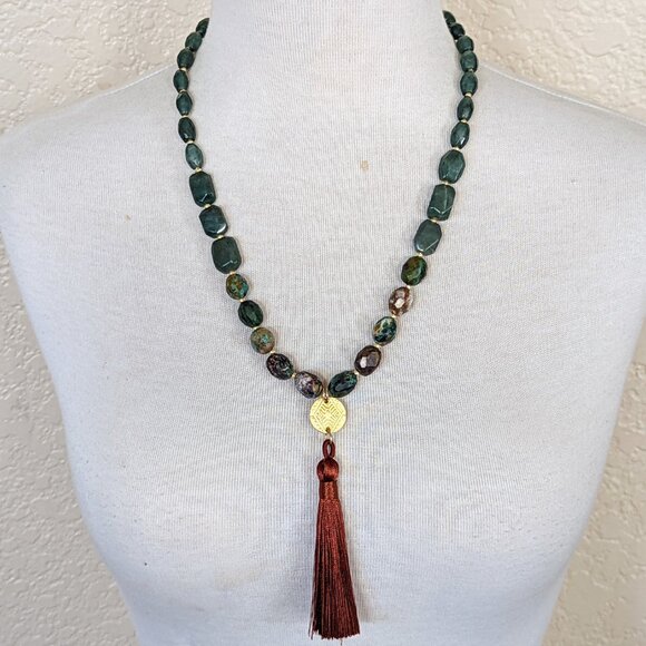Southwestern Hunter Green & Brown Turquoise & Jade Silk Long Statement Necklace